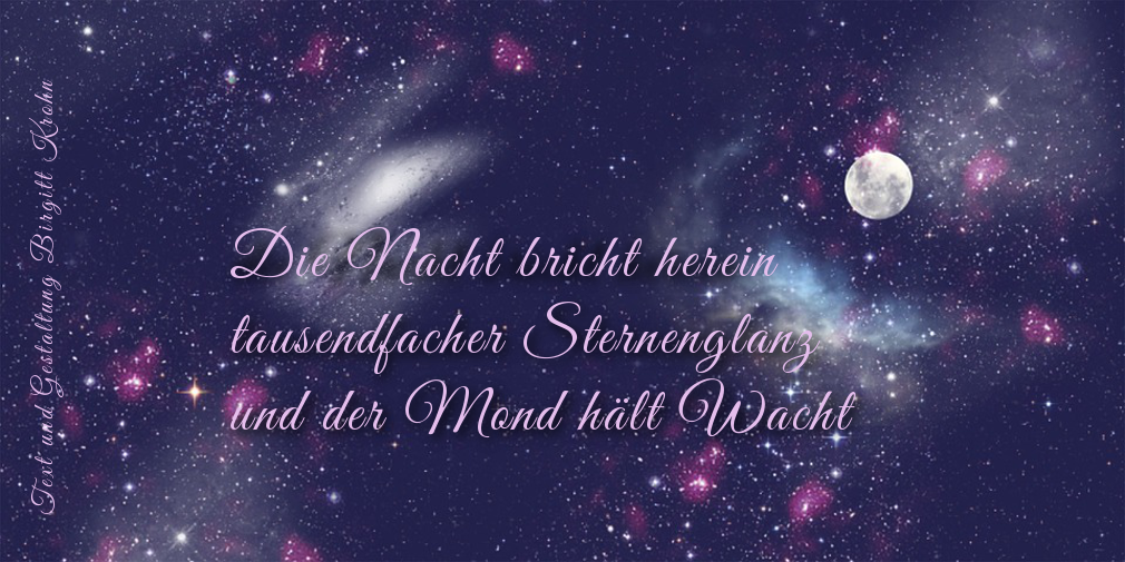 Bildinschrift ein Haiku von Birgitt Krohn: Die Nacht bricht herein / tausendfacher Sternenglanz / und der Mond hält Wacht